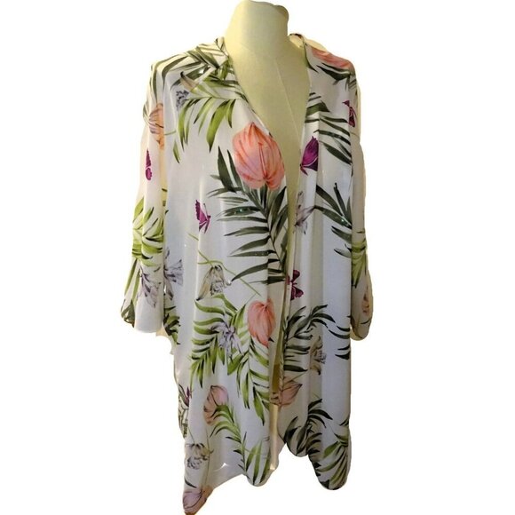 Evans Plus Size 18/20 White Tropical Floral Butterfly Duster Kimono Cover-Up - Picture 1 of 12